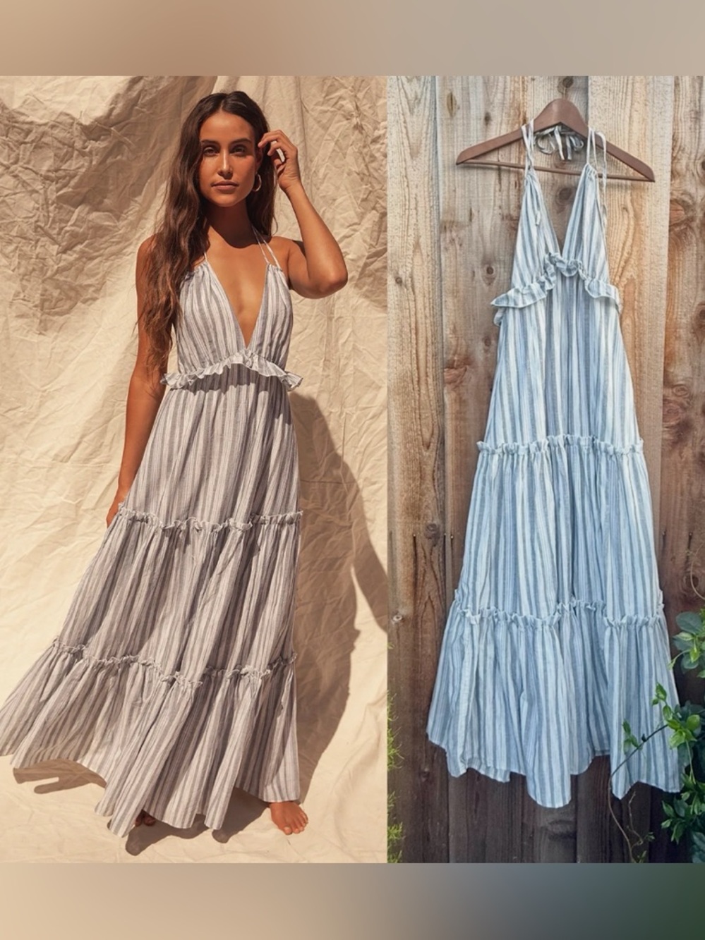 White and Gray Cotton Striped Halter Backless Maxi Dress 🌿